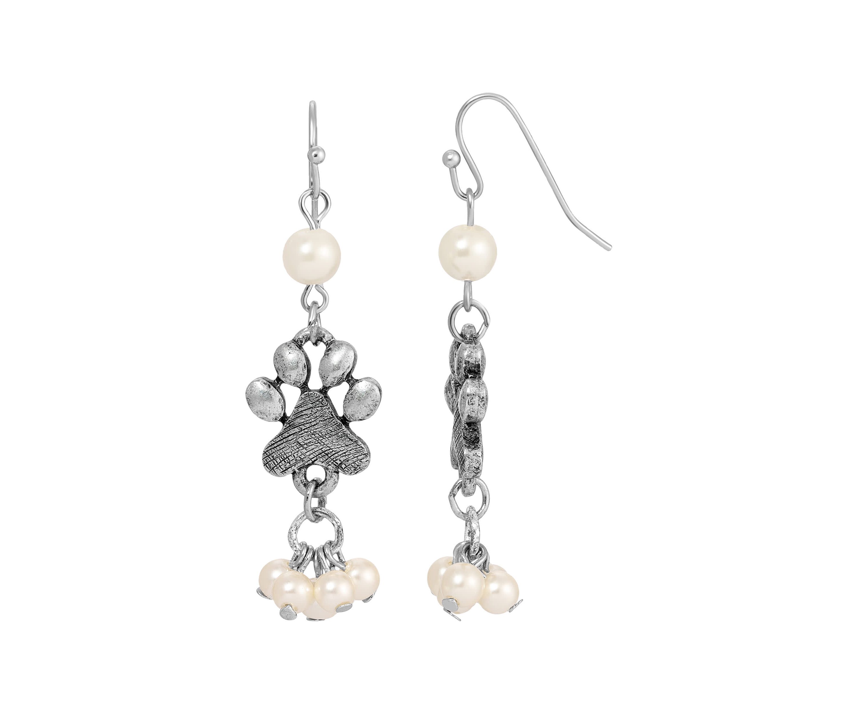 Silvertone Pewter Faux Pearl Paw Earrings