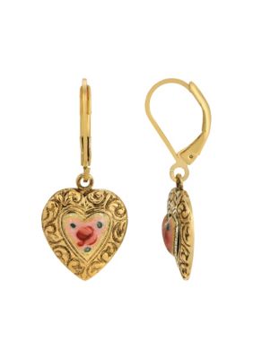 Gold Tone Pink Enamel Heart Drop Earrings