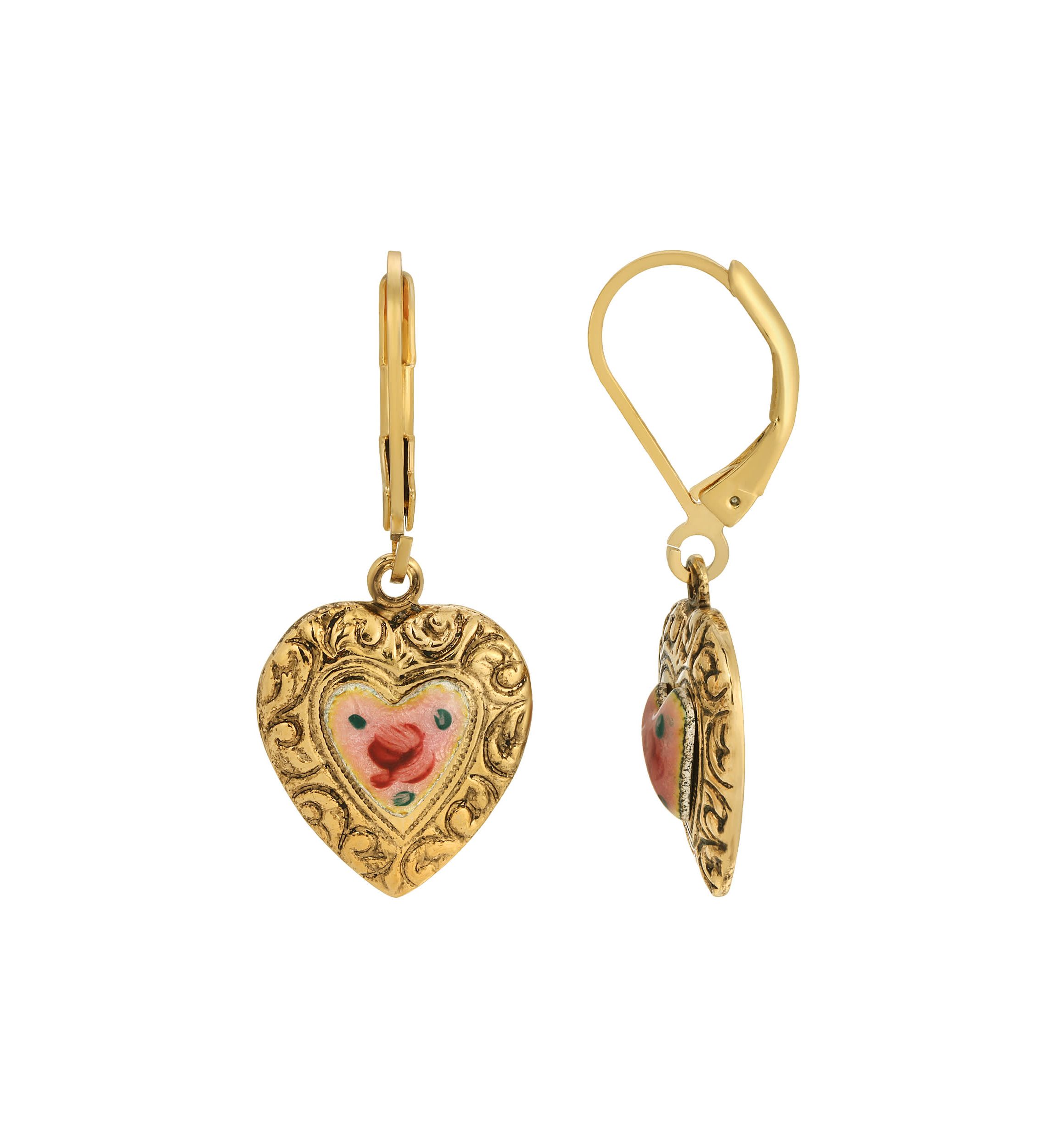 Gold Tone Pink Enamel Heart Drop Earrings