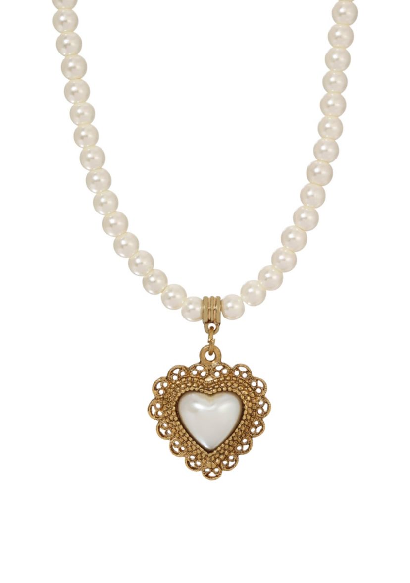 Faux Pearl Heart Shaped Necklace 15" Adj