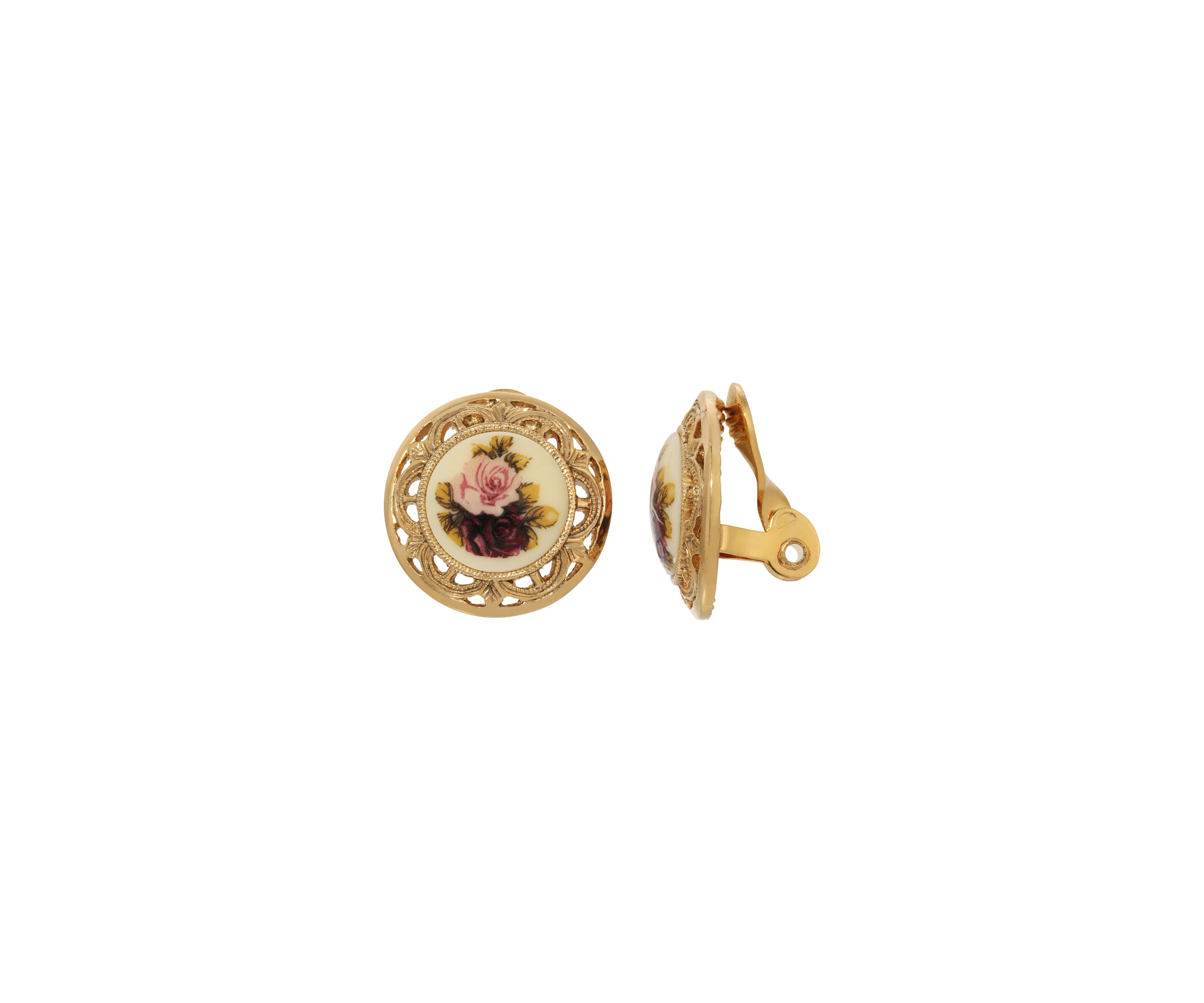 Gold Tone Rose Round Clip Earrings