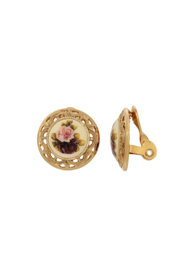 Gold Tone Rose Round Clip Earrings