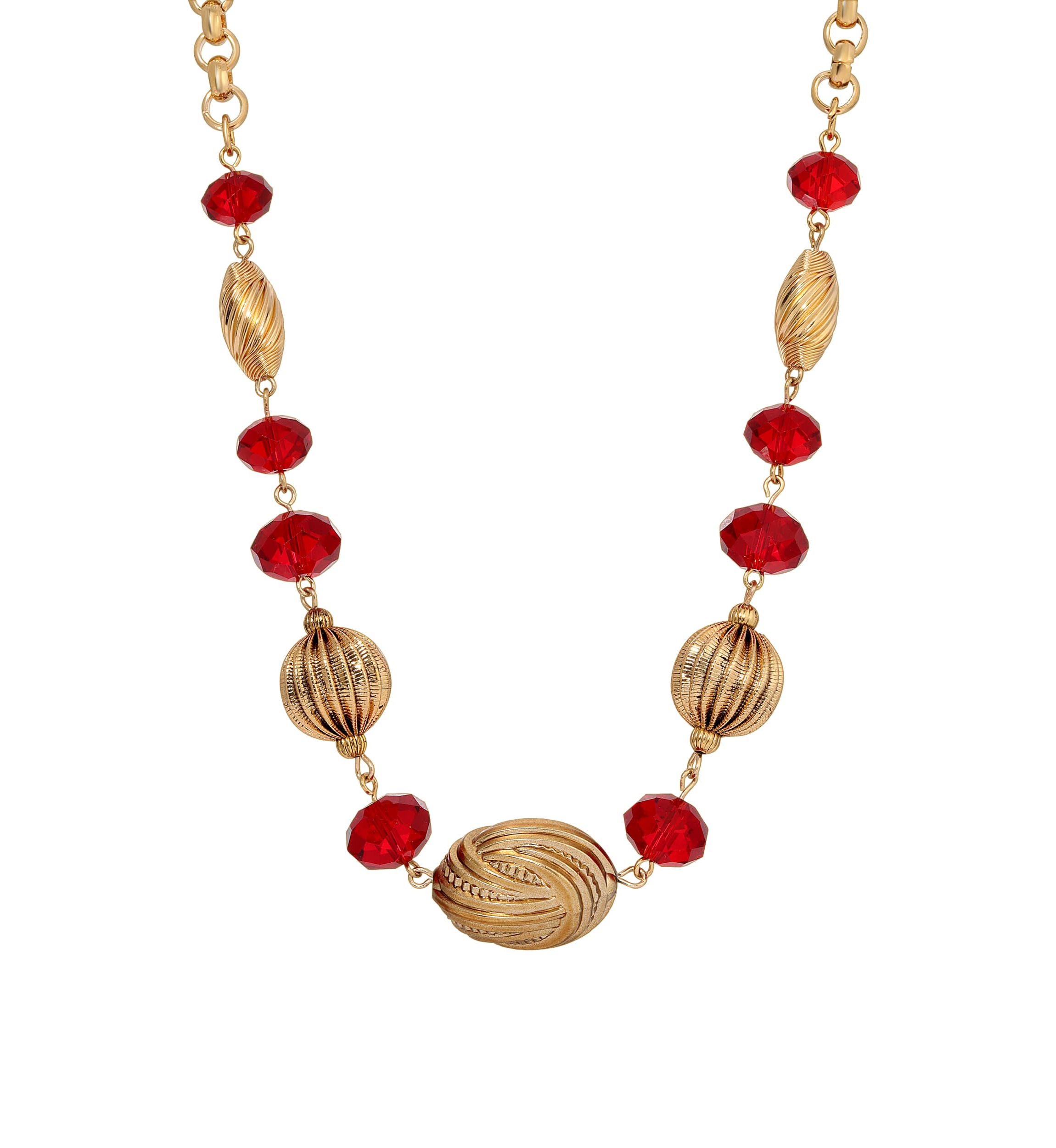 Gold Tone Red Bead Collar Necklace 18"