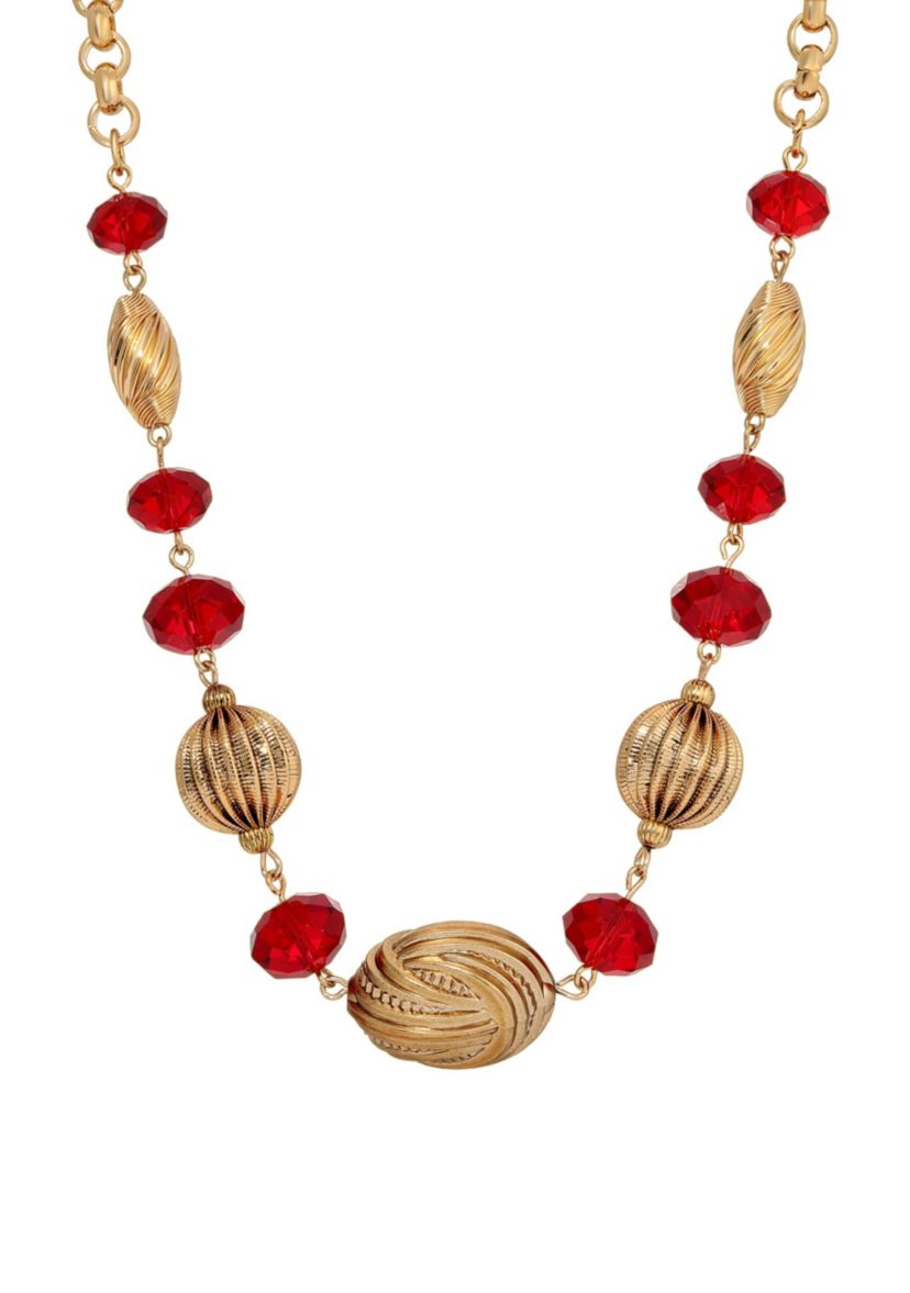 Gold Tone Red Bead Collar Necklace 18"
