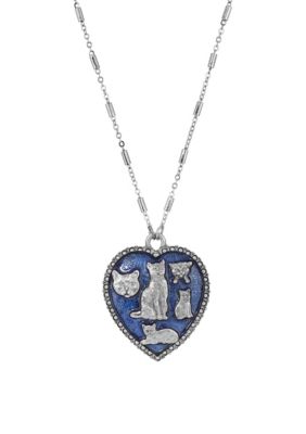 Silvertone Pewter Blue Enamel Cat Heart Necklace 28"