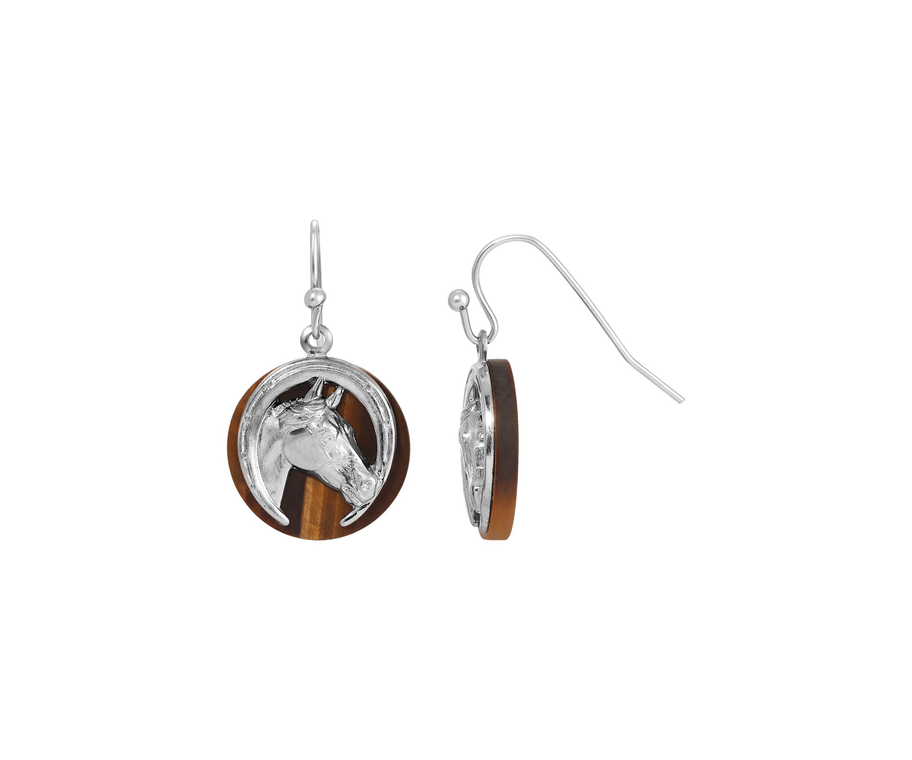 Silver Tone Tiger Eye Horse Head Round Earrings