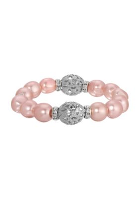 Silver-tone Raspberry Faux Pearl Crystal Filigree Stretch Bracelet