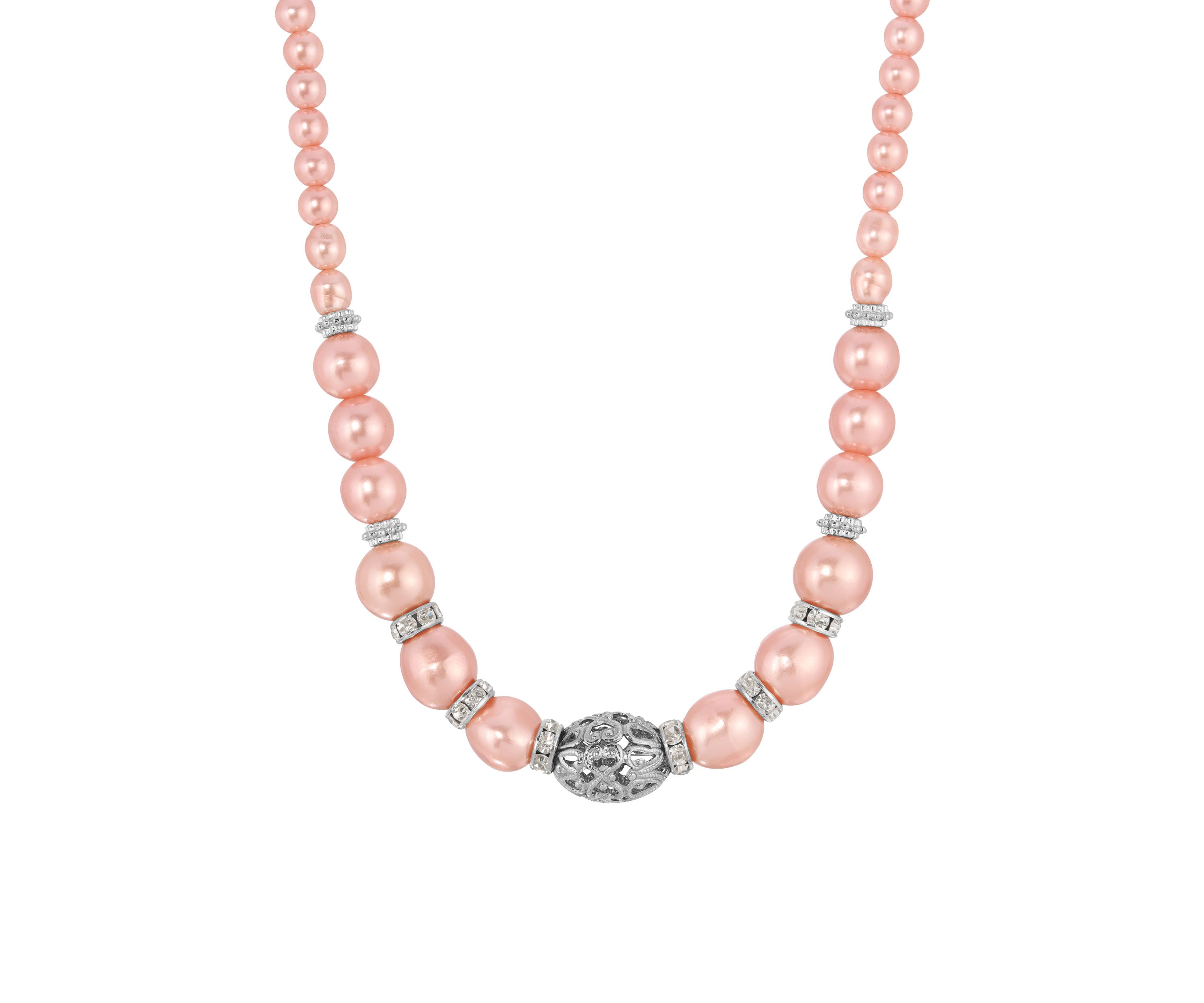 Silver Tone Fx Pink Pearl Necklace