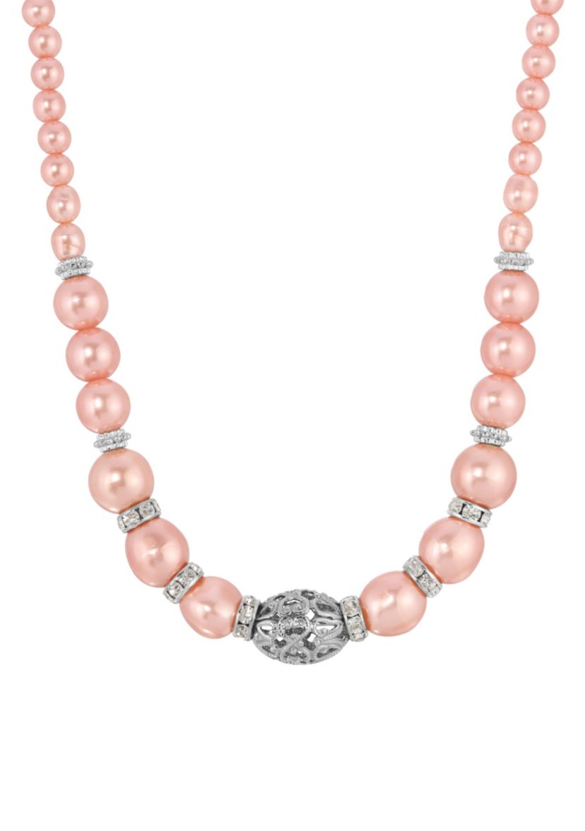 Silver Tone Fx Pink Pearl Necklace