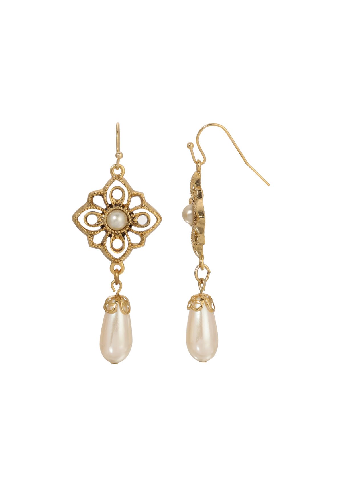 Gold Tone Filigree Faux Pearl Earrings