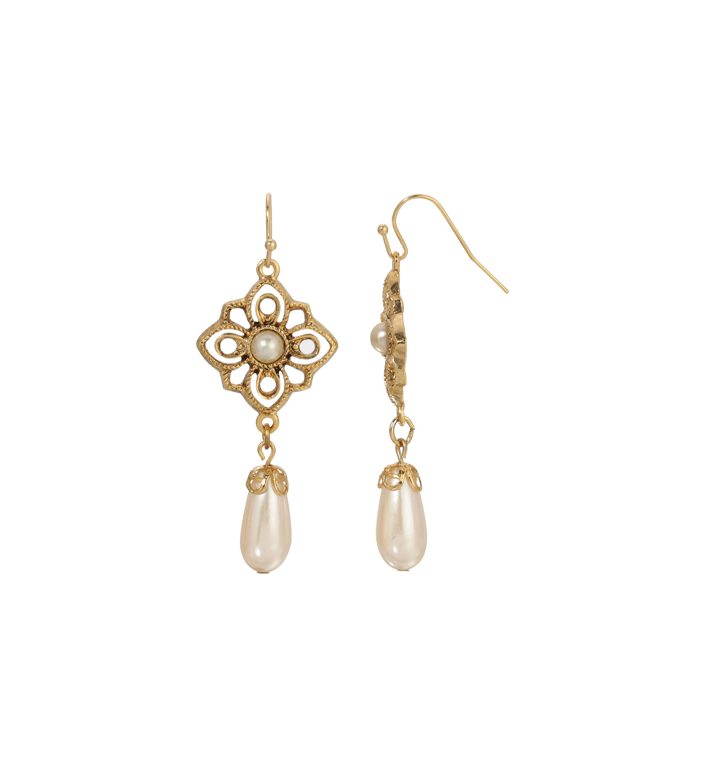 Gold Tone Filigree Faux Pearl Earrings