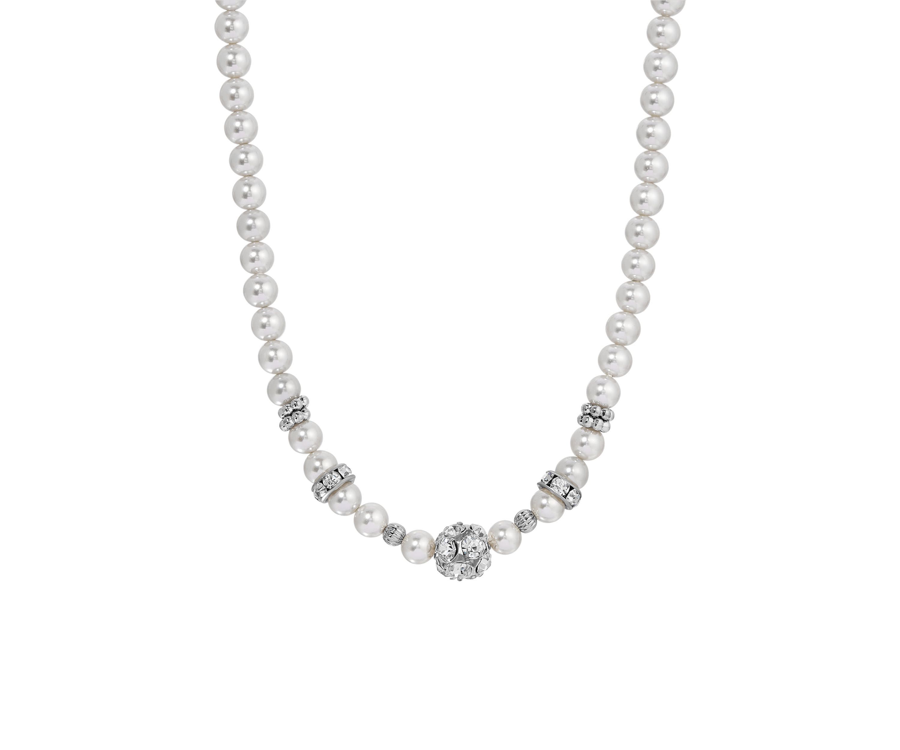 Faux Pearl Crystal Necklace 15" Adj.