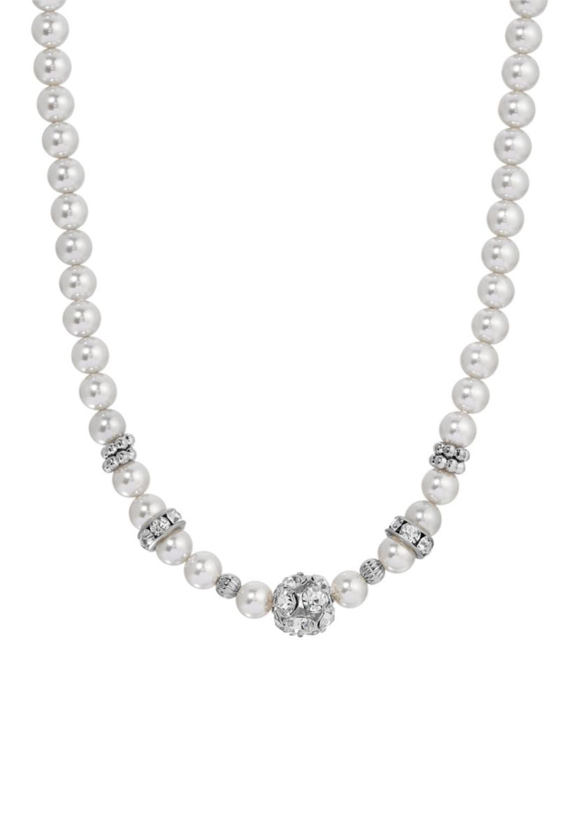 Faux Pearl Crystal Necklace 15" Adj.