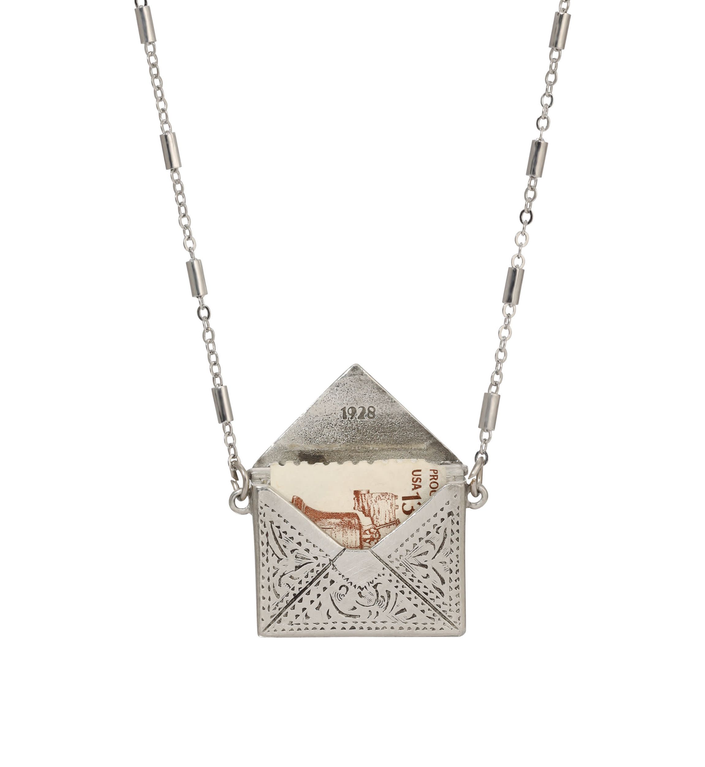 Silver Tone Envelope Necklace 28"
