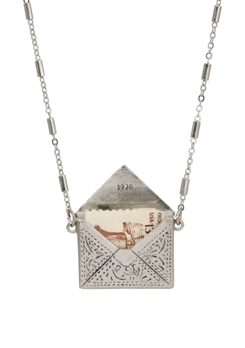 Silver Tone Envelope Necklace 28"