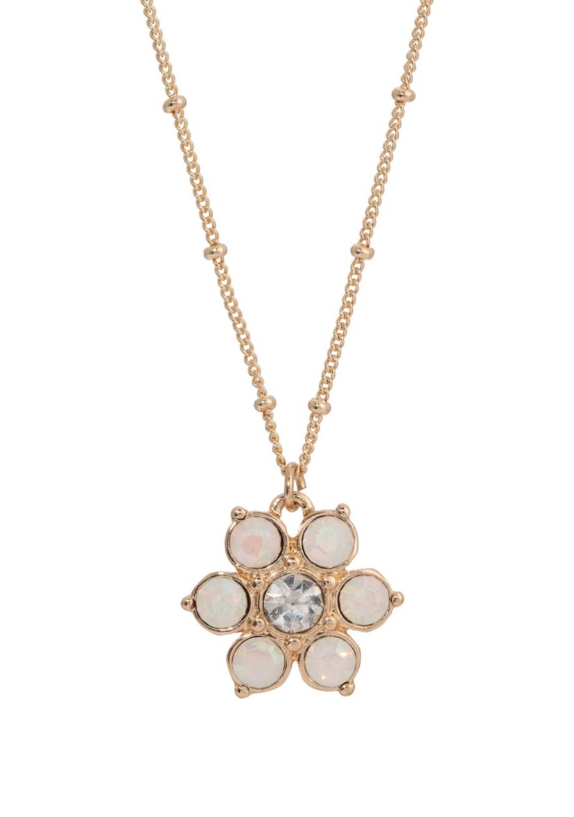 Gold Tone Opal Flower Drop Necklace 16" Adj.