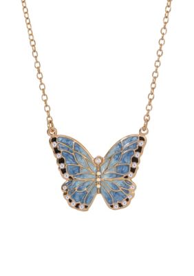 Gold Tone Blue Enamel Crystal Butterfly Necklace 18" Adj.