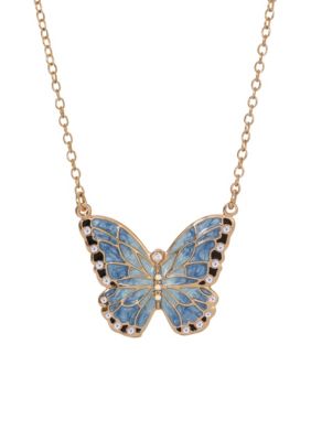 1928 Jewelry Gold Tone Blue Enamel Crystal Butterfly Necklace 18