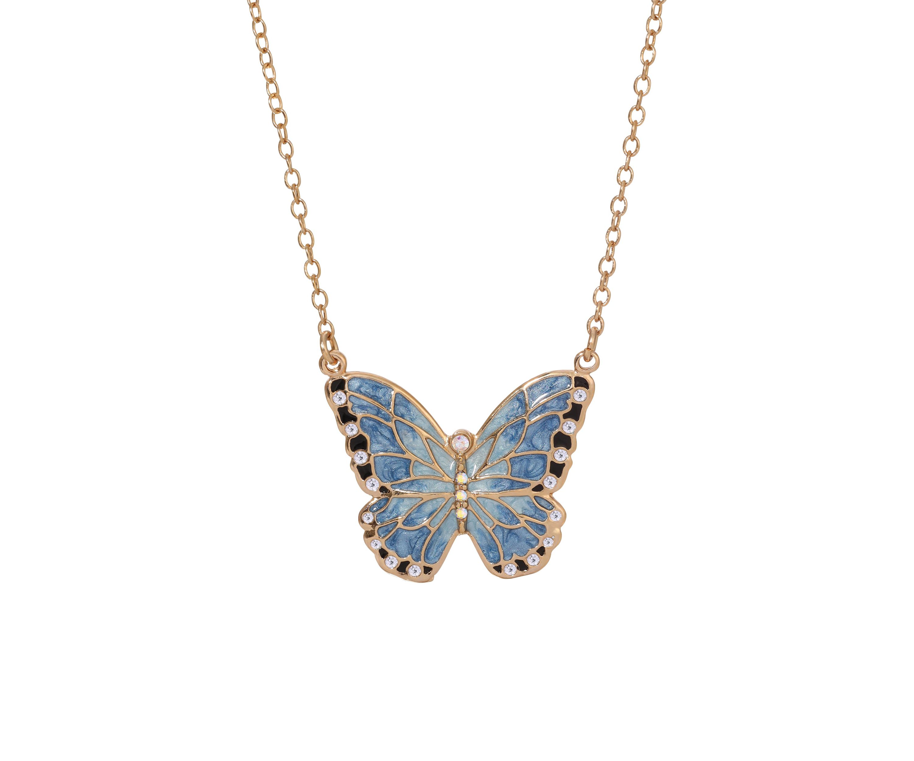 Gold Tone Blue Enamel Crystal Butterfly Necklace 18" Adj.