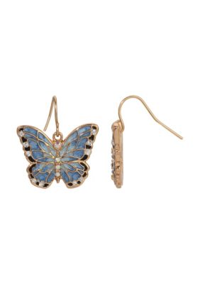 Gold Tone Blue Enamel Butterfly Earrings