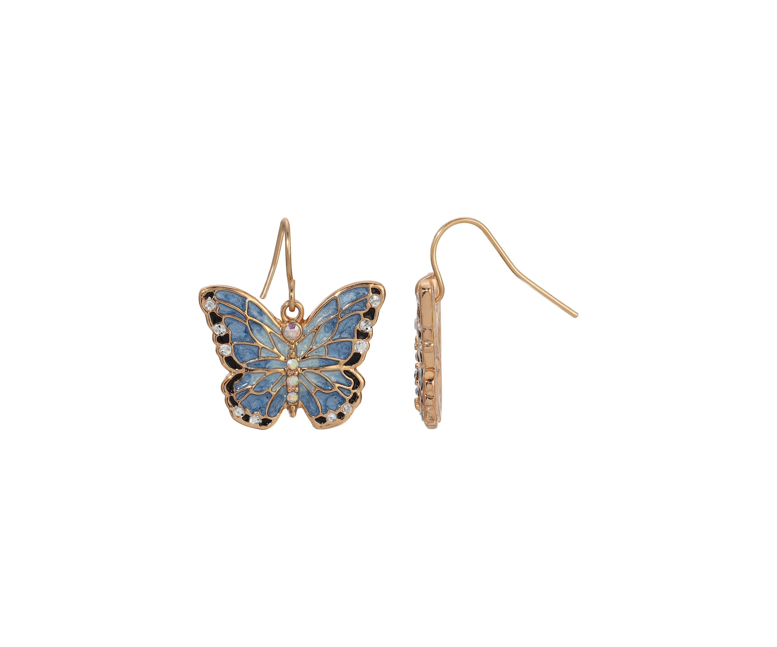 Gold Tone Blue Enamel Butterfly Earrings