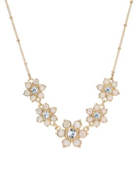 Gold Tone Opal Flower Collar Necklace 16" Adj.
