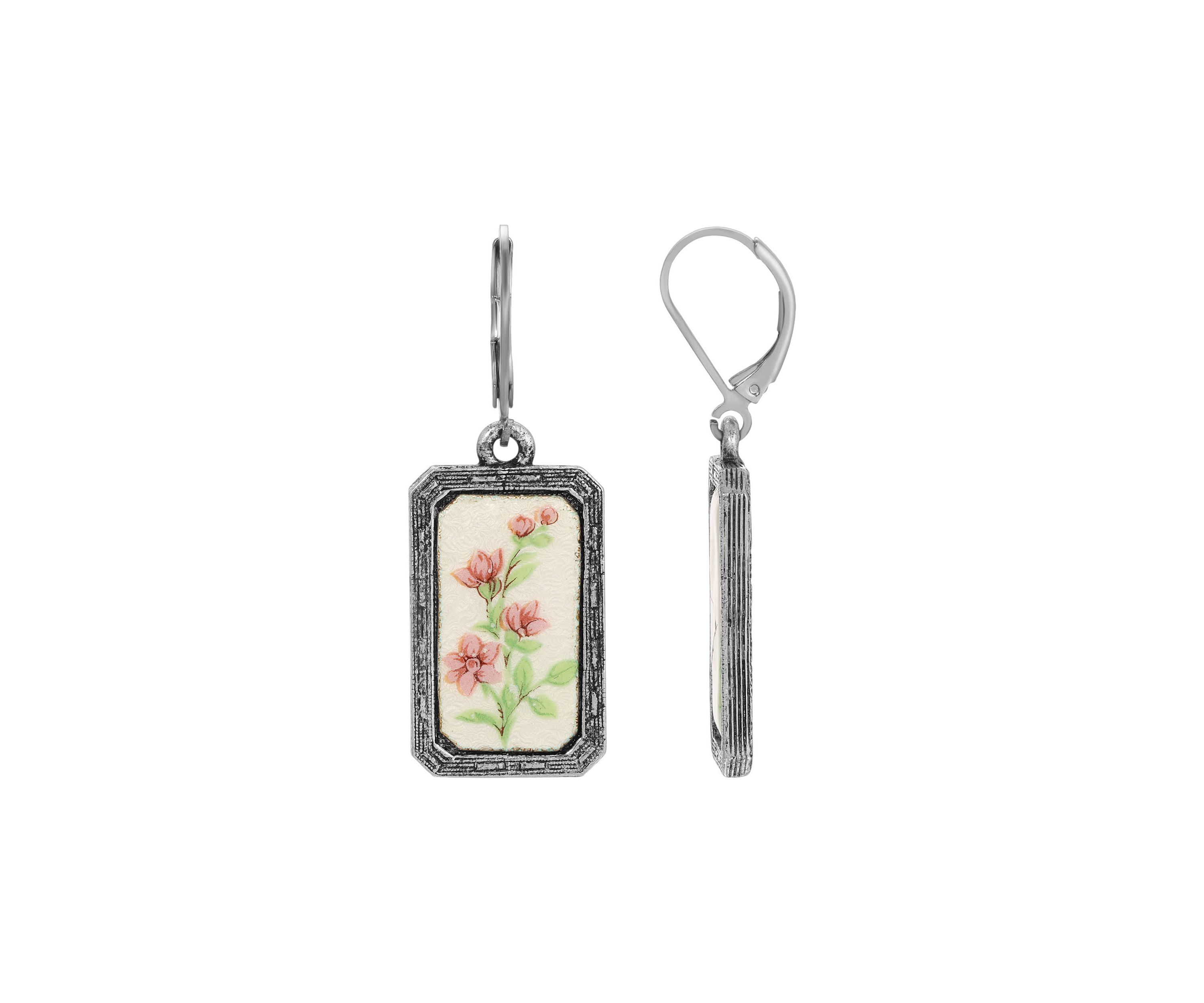 Enamel Flower Rectangle Earrings