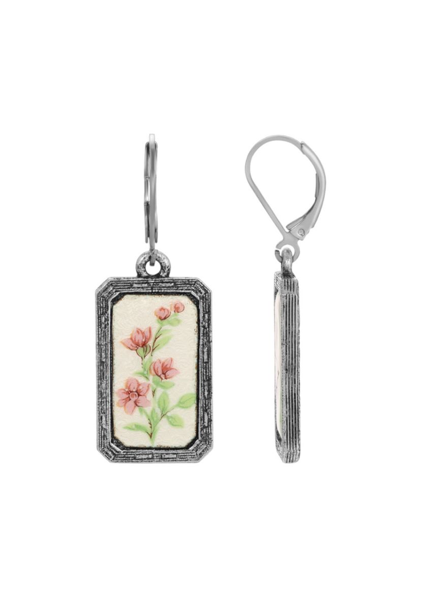 Enamel Flower Rectangle Earrings