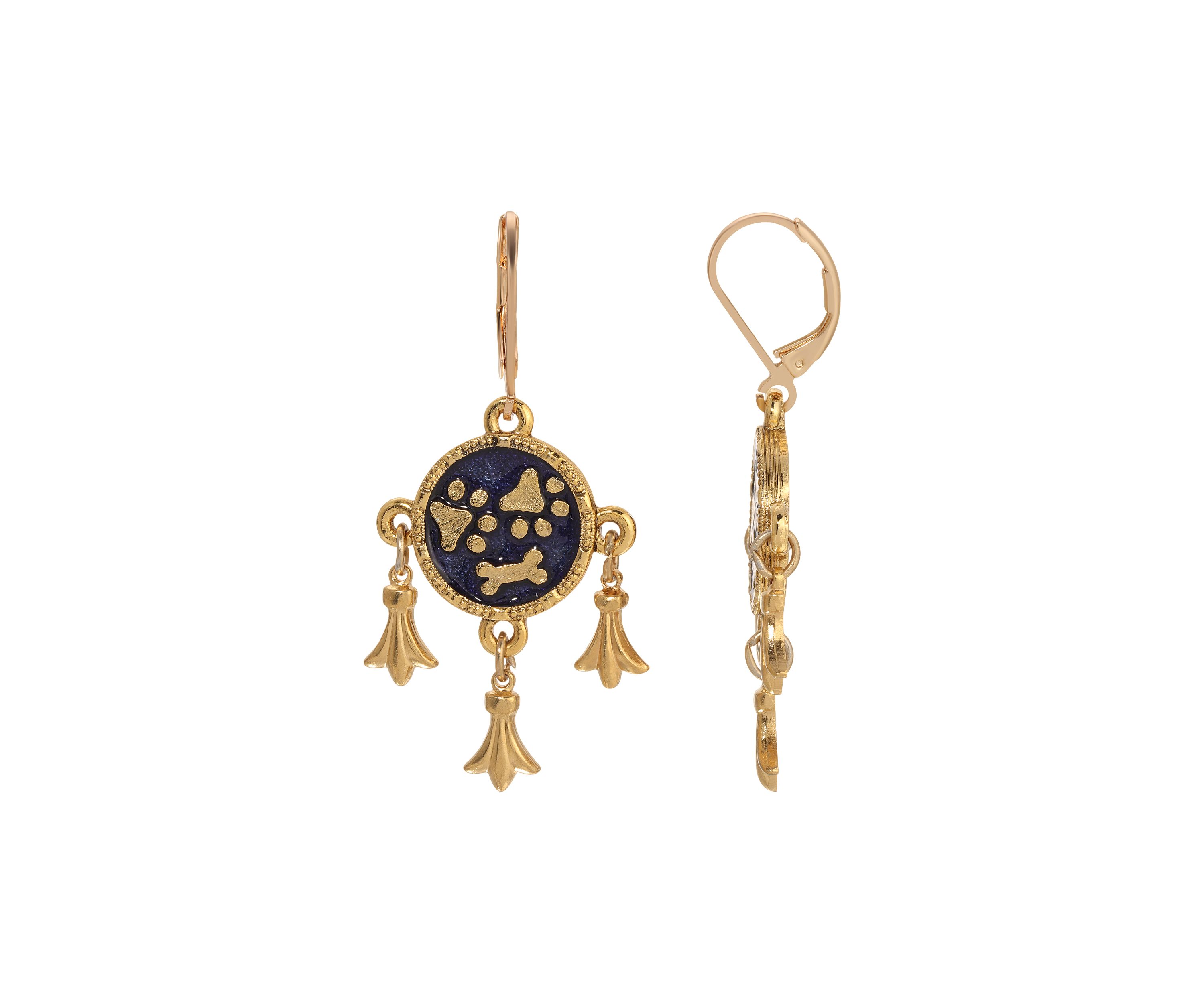 Gold Tone Blue Paws Bone Charm Earrings