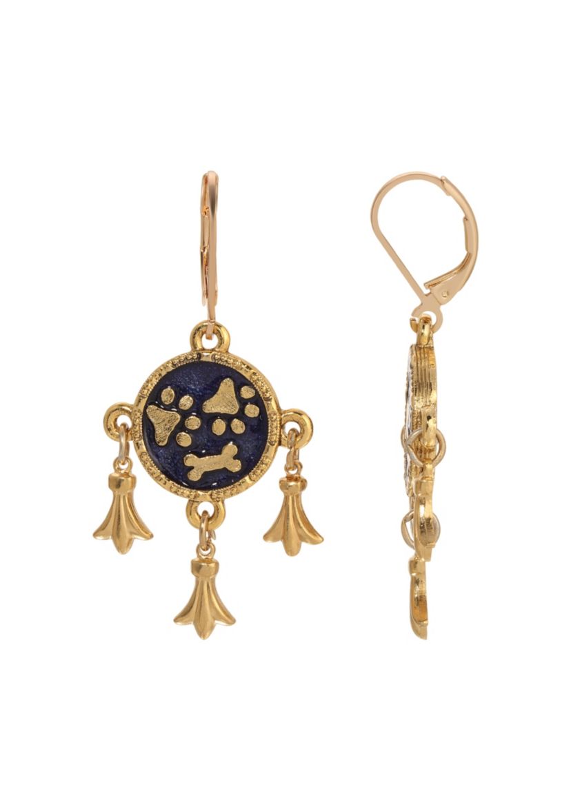 Gold Tone Blue Paws Bone Charm Earrings