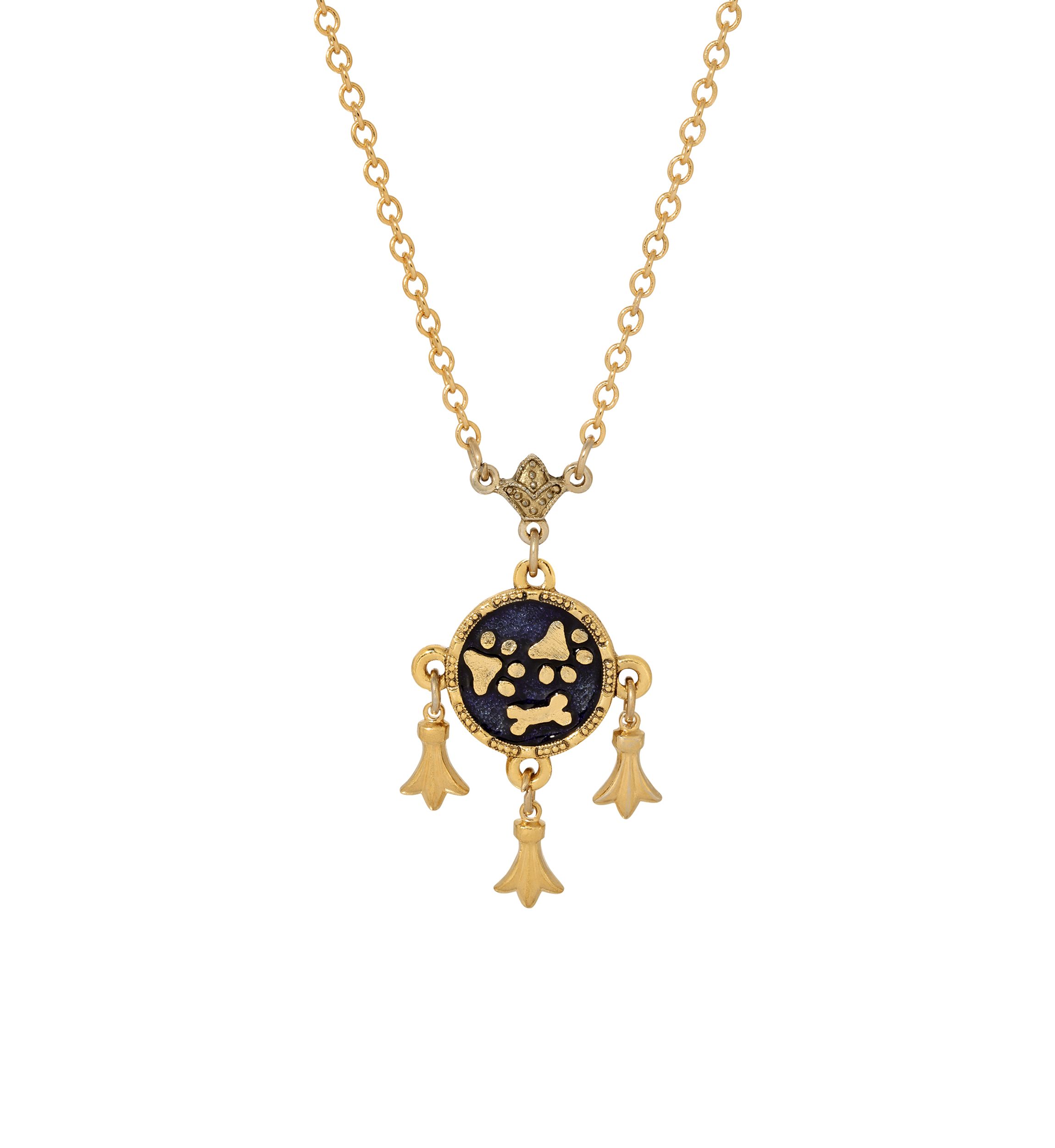 Gold Tone Blue Paws Bone Charm Necklace