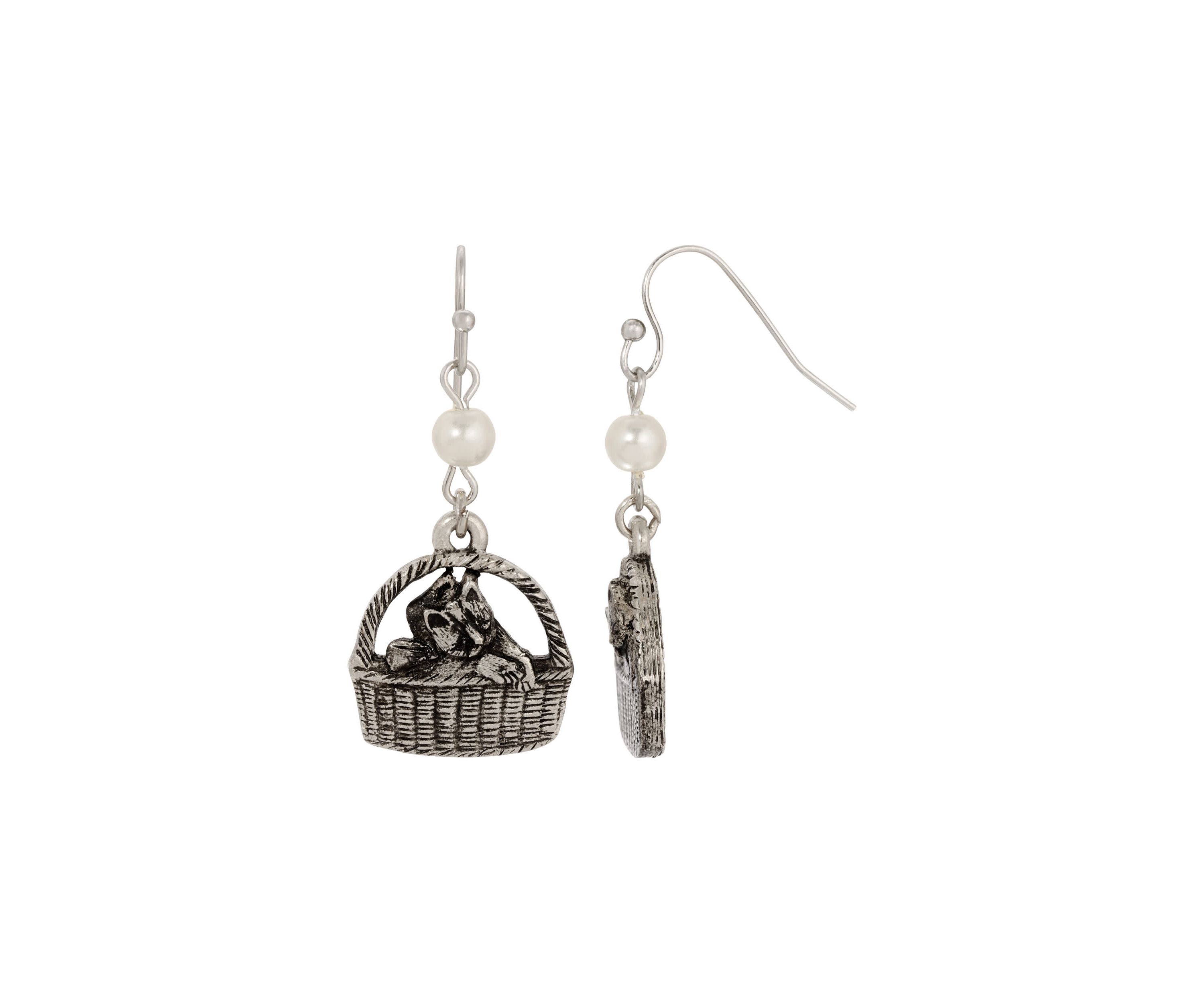 Pewter Faux Pearl Cat In Basket Earrings