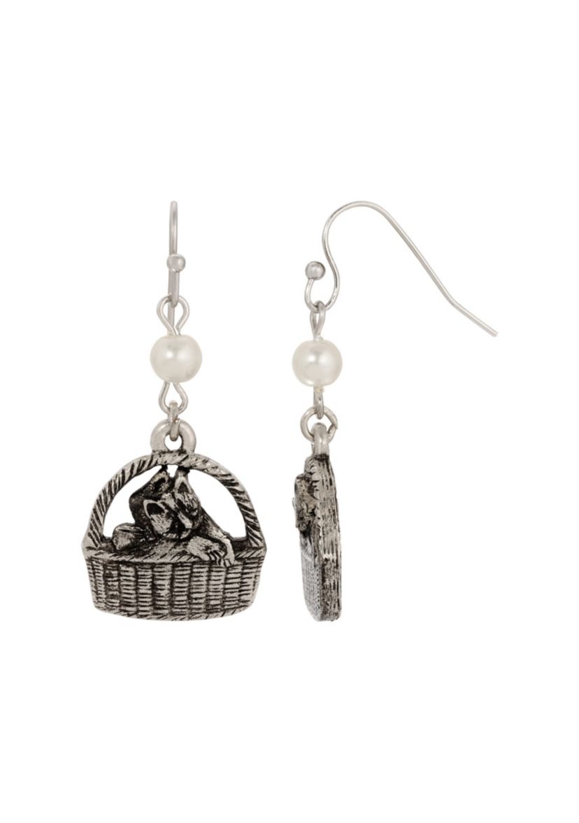 Pewter Faux Pearl Cat In Basket Earrings