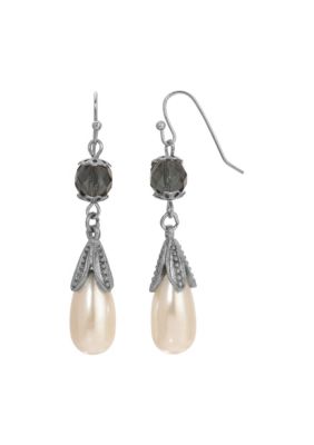 1928 Jewelry Silver Tone Faux Pearl Teardrop Wire Earrings, White -  0011996799434