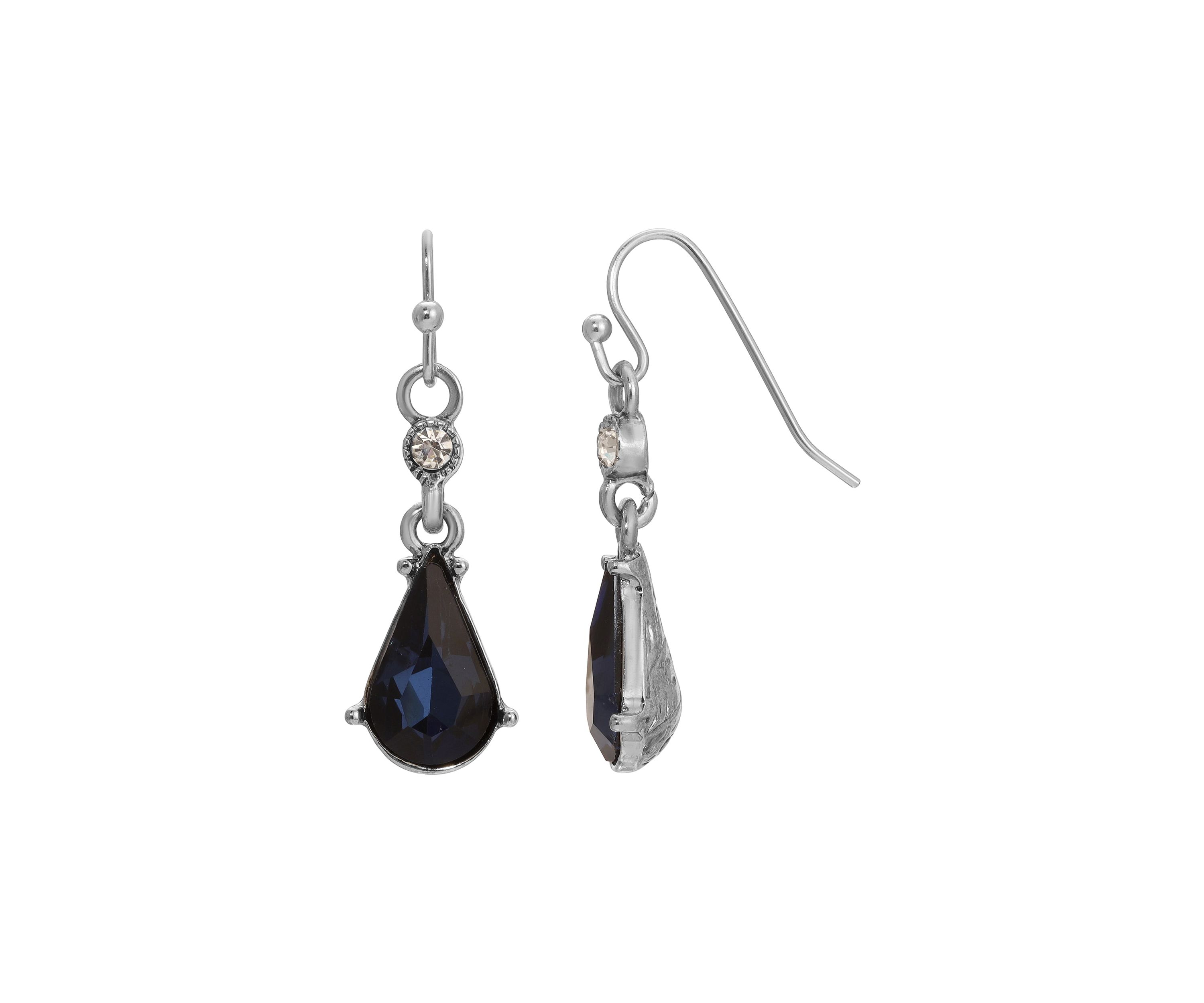 Silver-tone Blue Crystal Pearshape Earrings