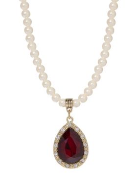 Faux Pearl Red Glass Crystal Pendant Necklace 15" adj.