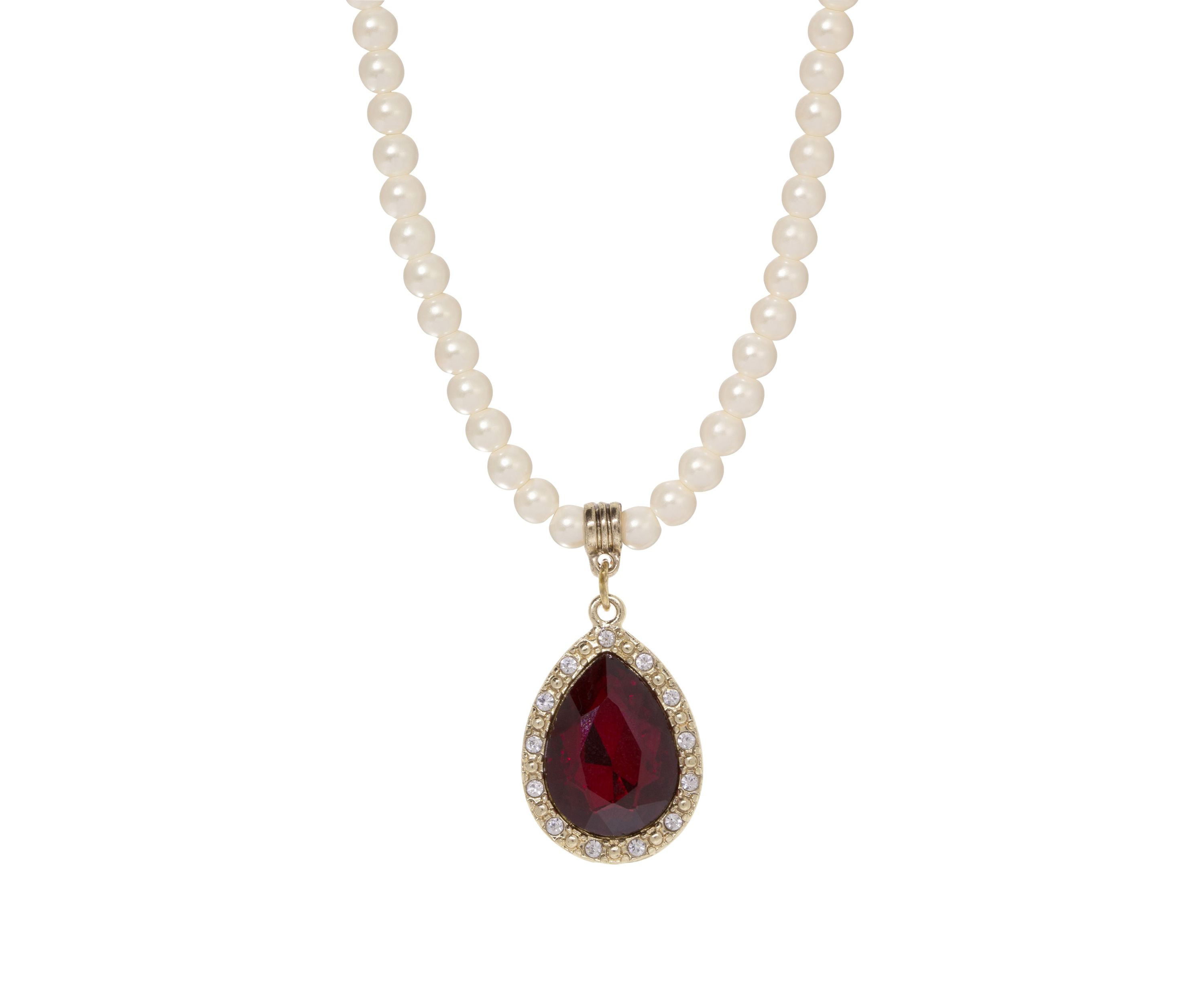 Faux Pearl Red Glass Crystal Pendant Necklace 15" adj.