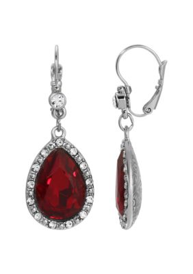 Silver Tone Crystal Accent Red Teardrop Leverback Earrings