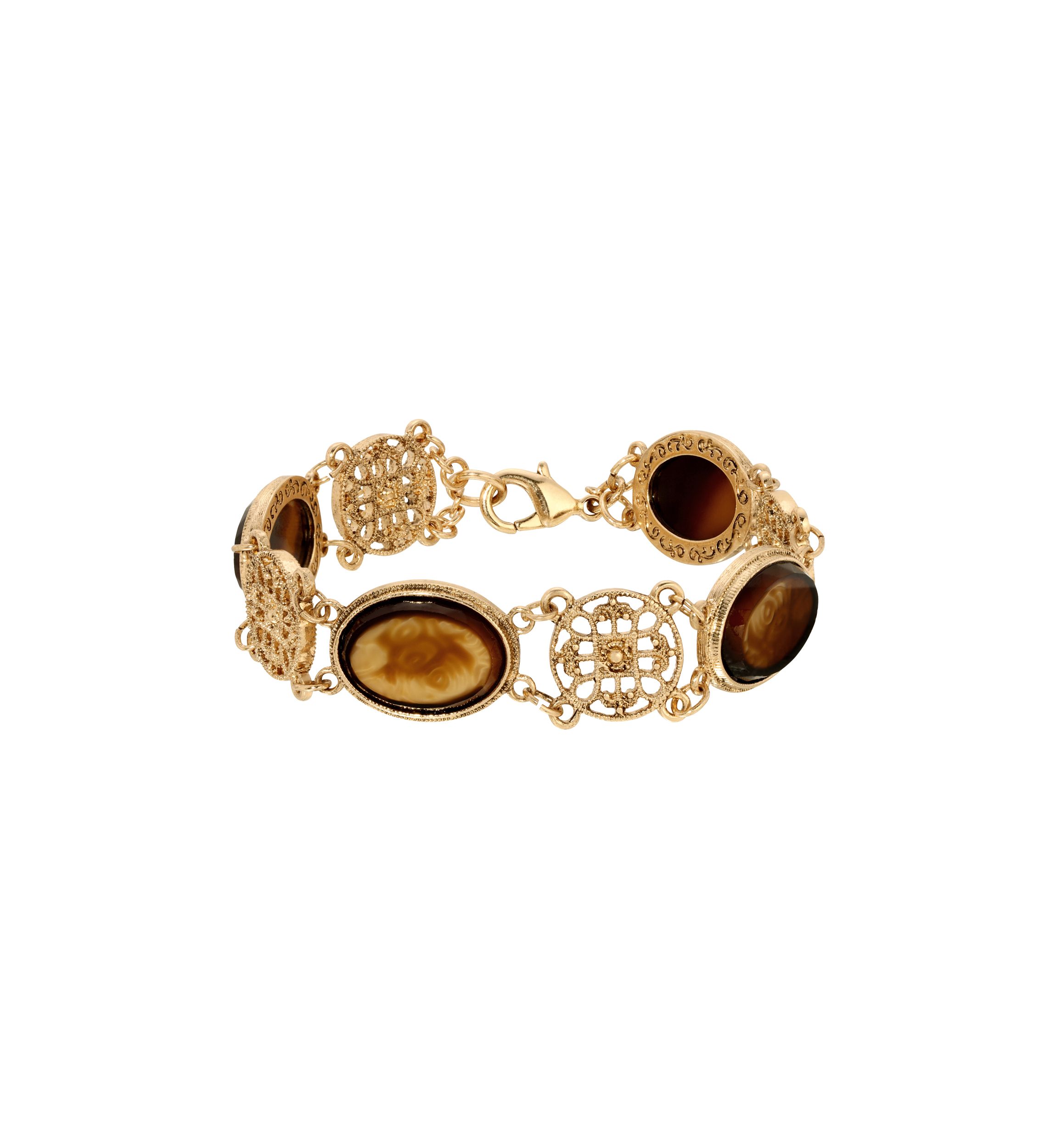 Gold Tone Oval Glass Filigree Bracelet