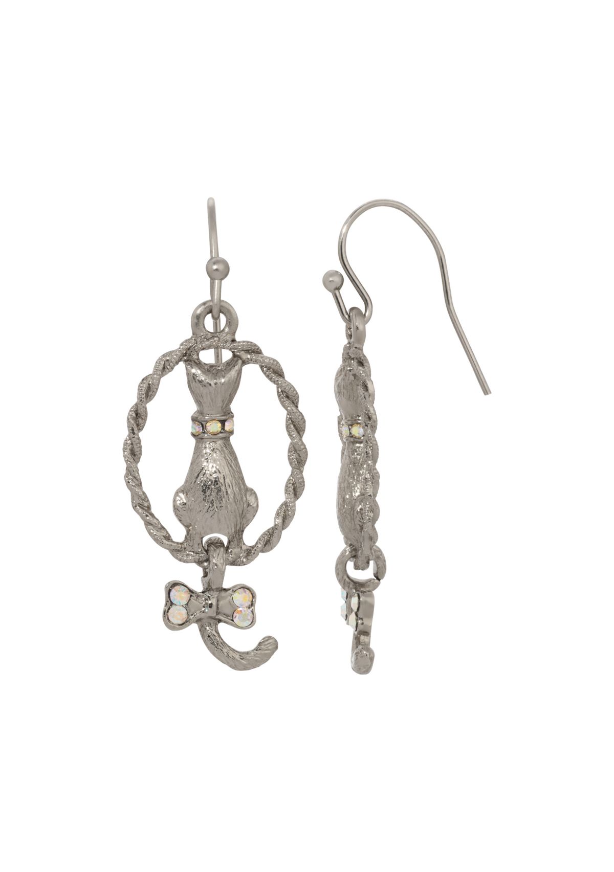 Silver Tone Crystal Cat Wire Earrings