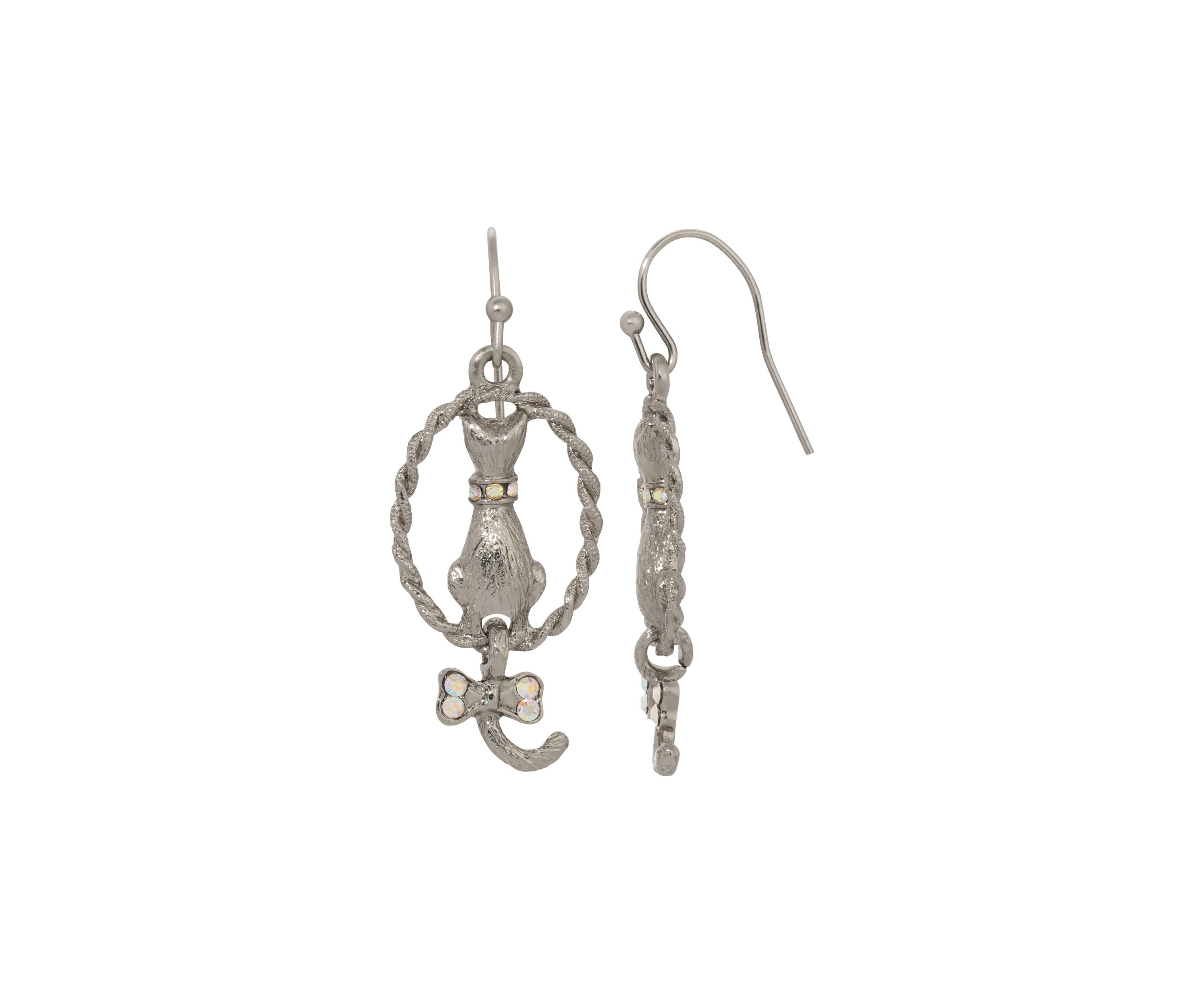 Silver Tone Crystal Cat Wire Earrings