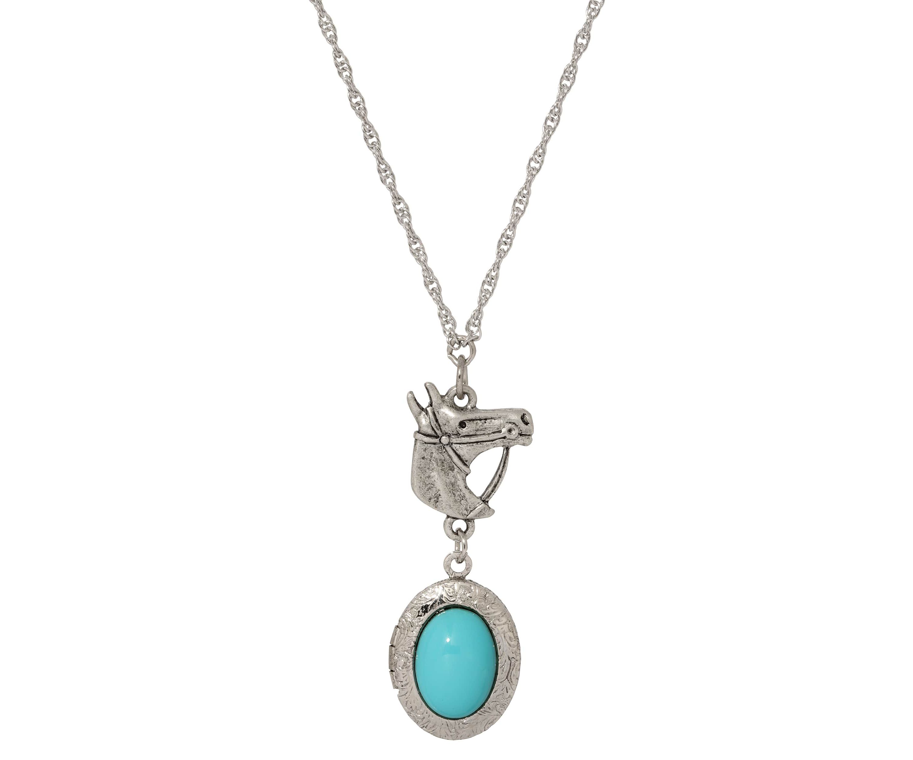 Faux Turq Oval Horse Locket Necklace 24"