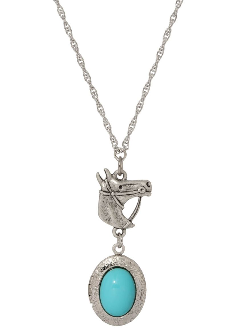 Faux Turq Oval Horse Locket Necklace 24"