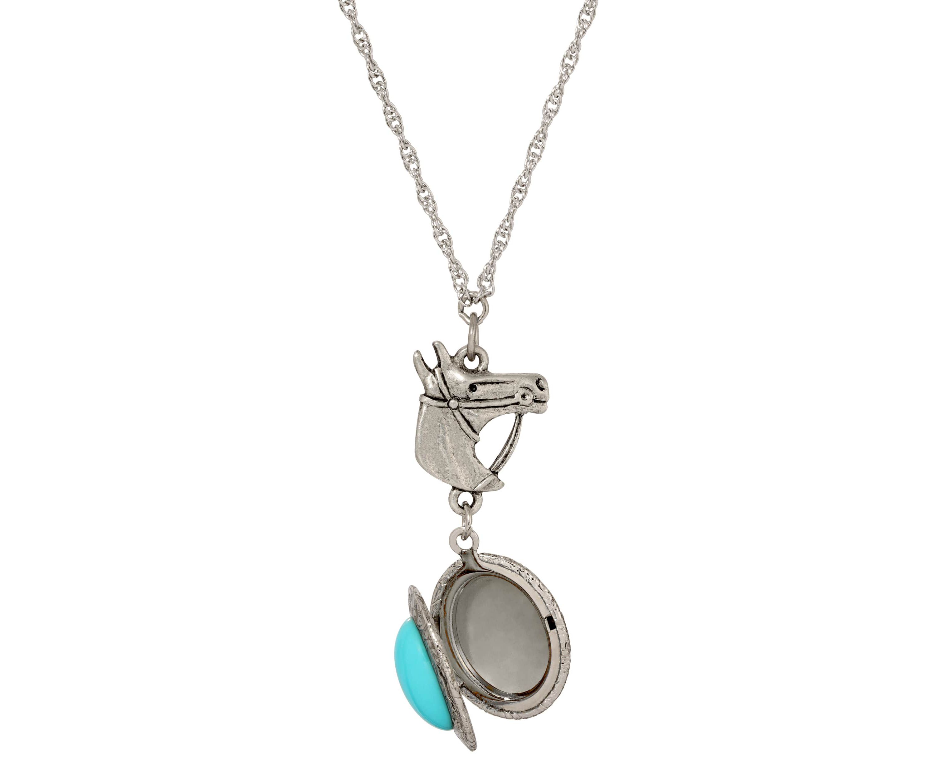 Faux Turq Oval Horse Locket Necklace 24"