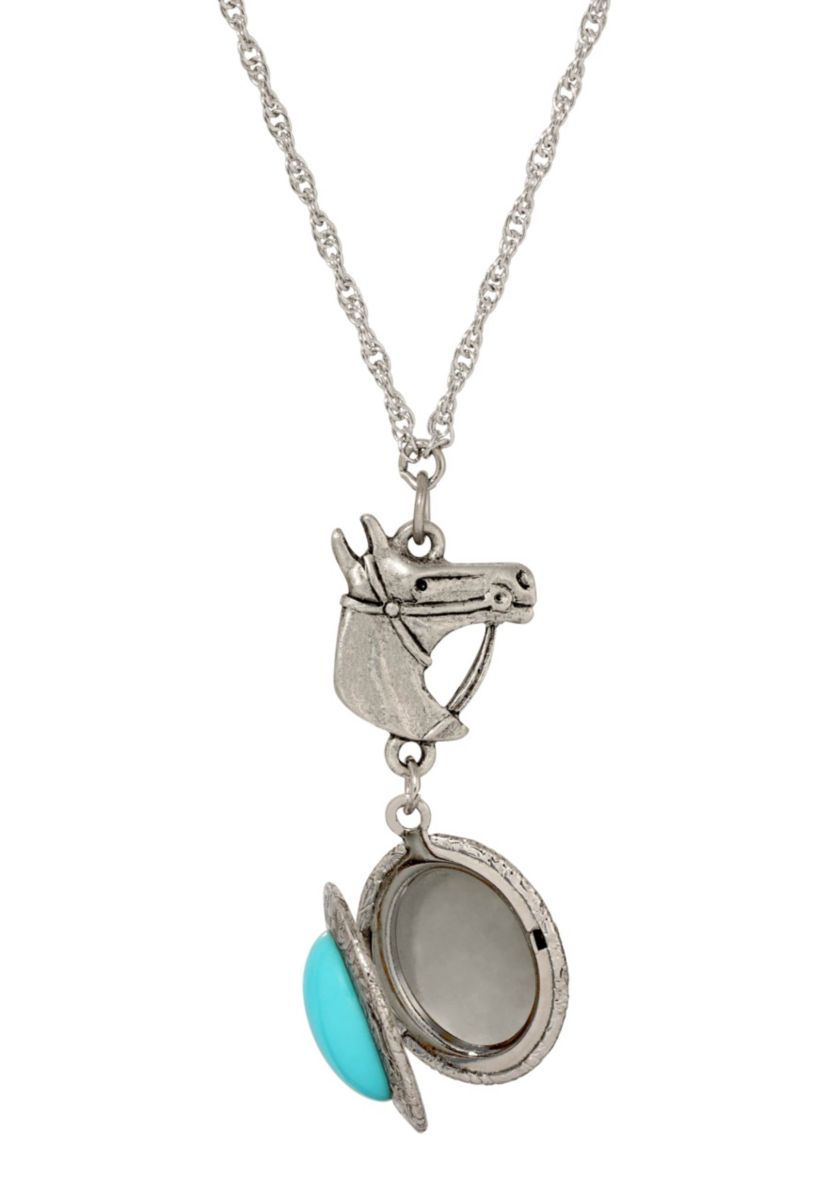 Faux Turq Oval Horse Locket Necklace 24"