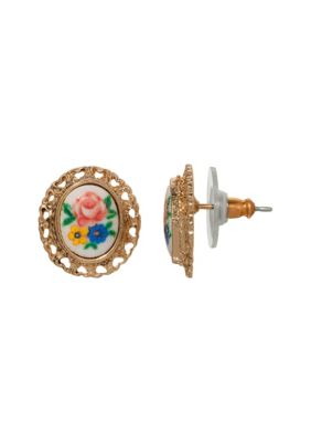1928 Jewelry Gold Tone White Floral Decal Oval Stud, Pink