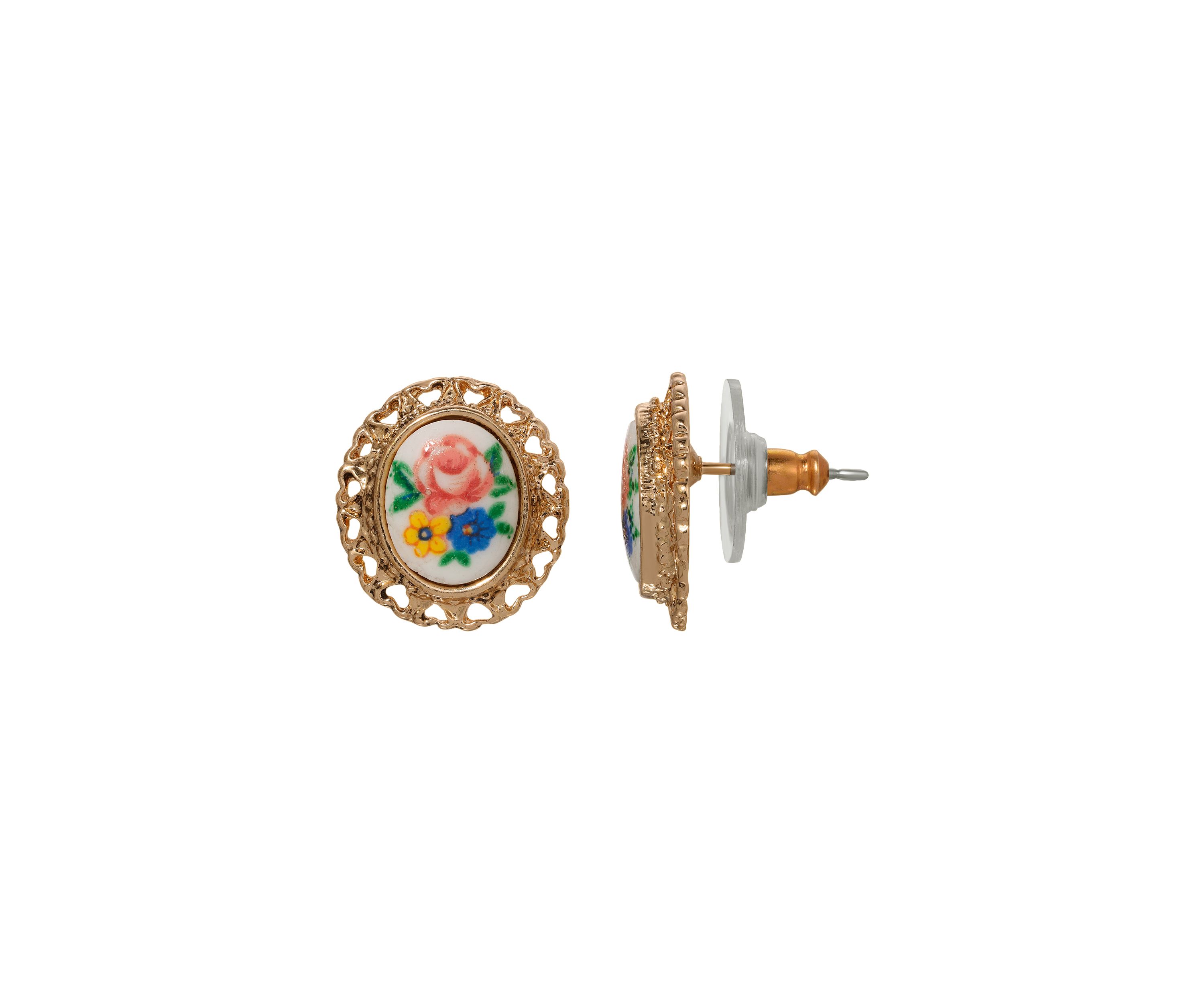Gold Tone White Floral Decal Oval Stud