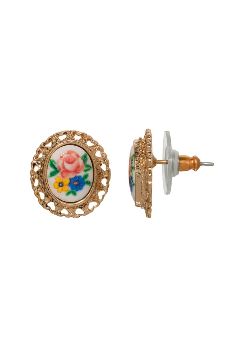 Gold Tone White Floral Decal Oval Stud