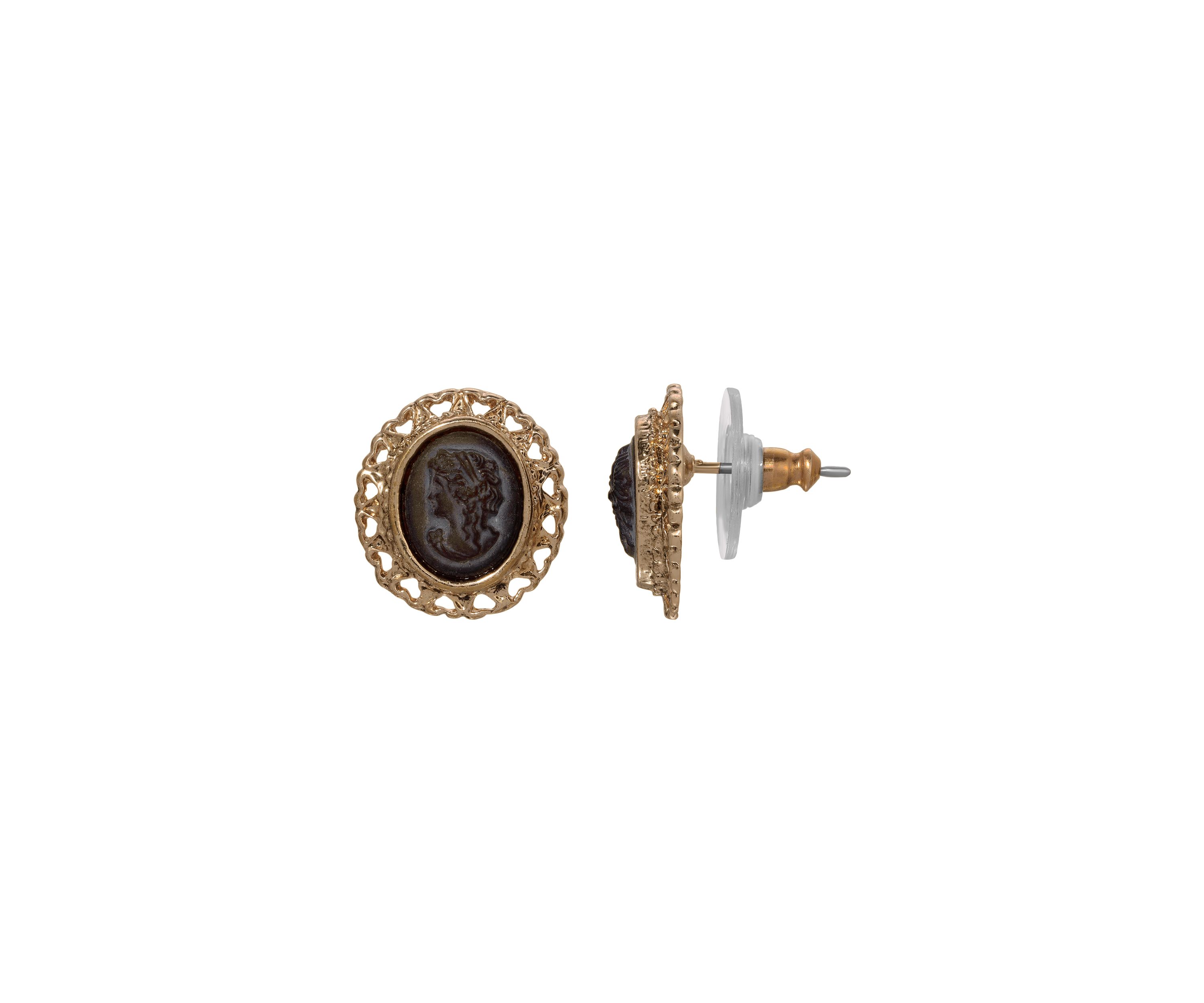 Gold Tone Brown Cameo Oval Stud