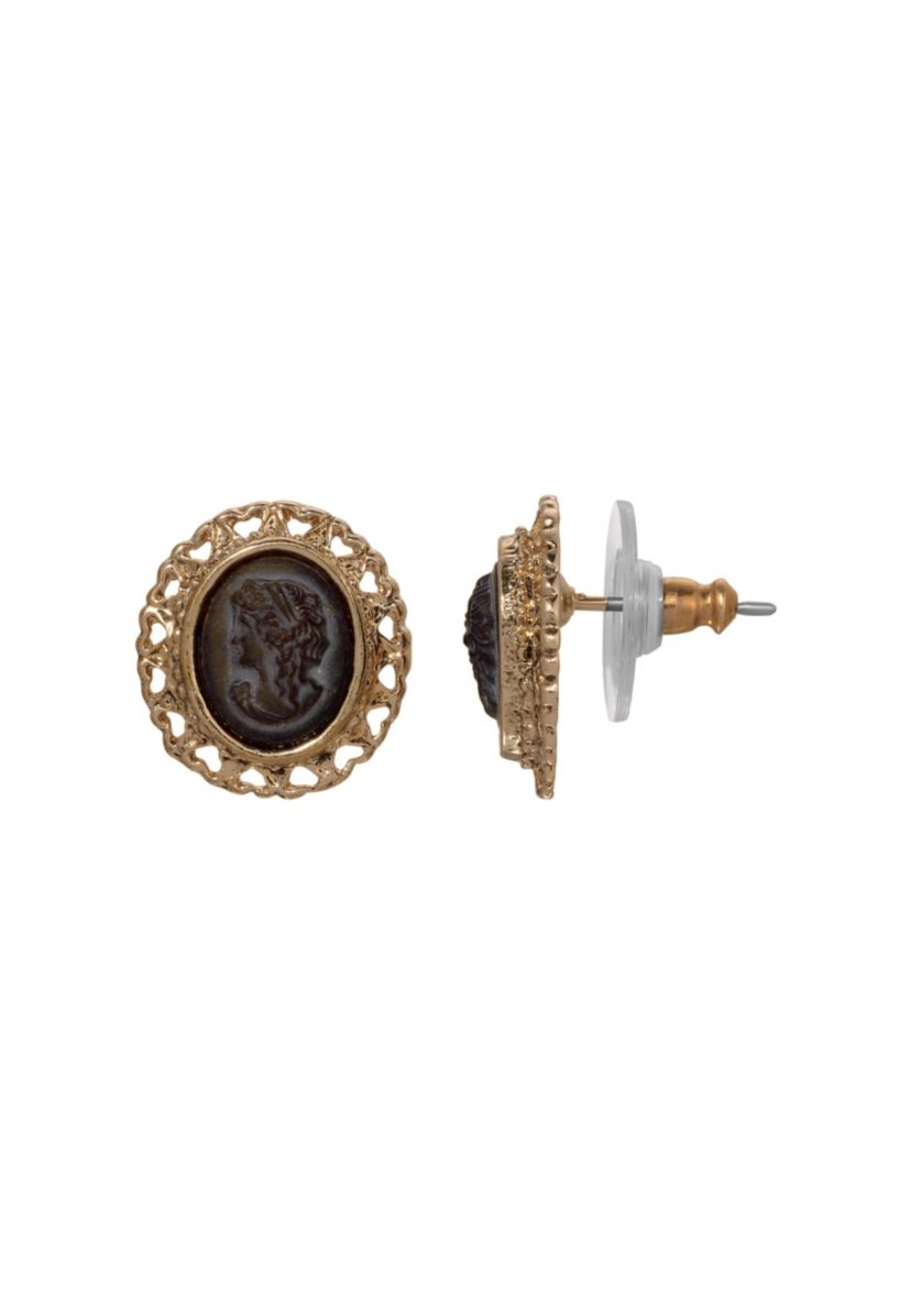 Gold Tone Brown Cameo Oval Stud